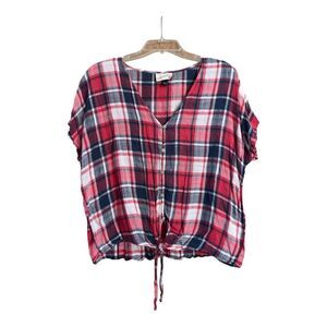 Universal Thread Red Plaid Button-Up Top, Tie Front, Sz Large